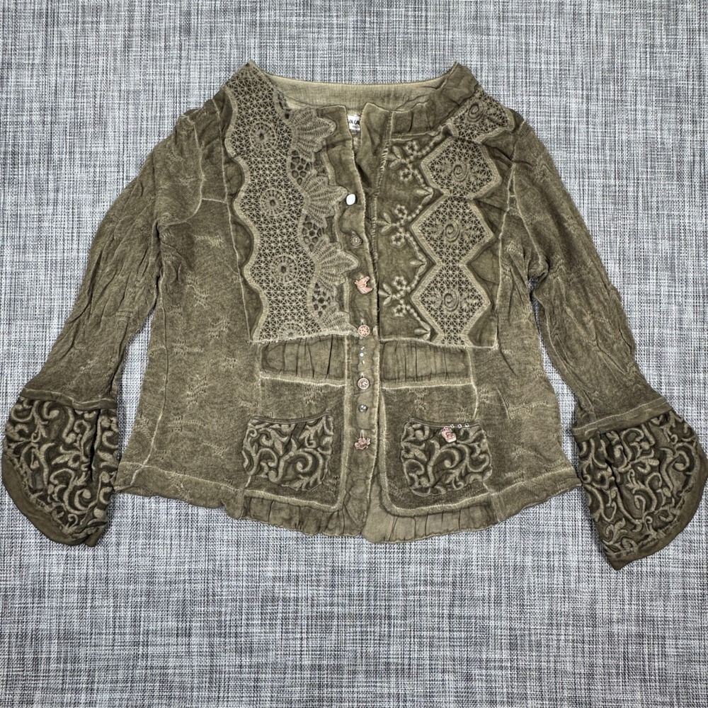 Elisa Cavaletti Women's Embroidered Lace Cardigan Jacket Olive XL Made Italy